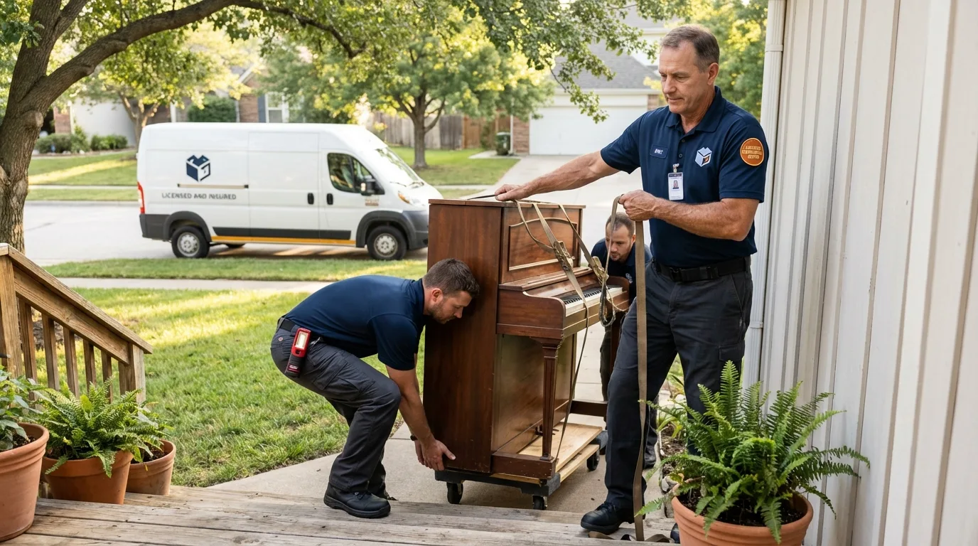 Licensed piano movers securing grand piano in Ness City, KS